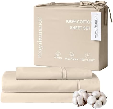 Twin Sheet Set, 500 TC Single-Ply Cotton Sateen, 3-Piece, Cream Beige