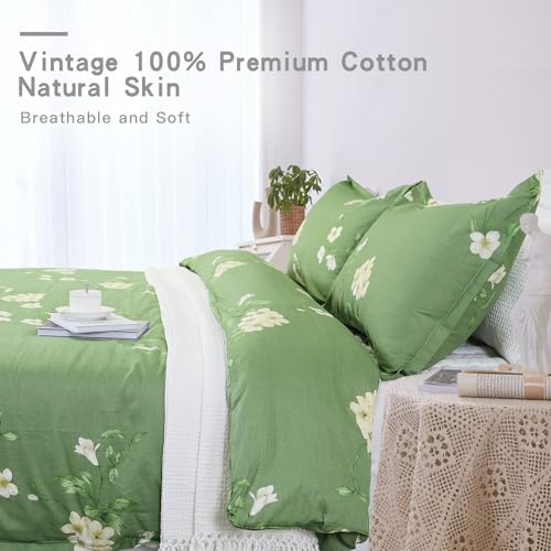 Helthep Vintage Sage Green Floral King Size 3pcs 100% Cotton Duvet