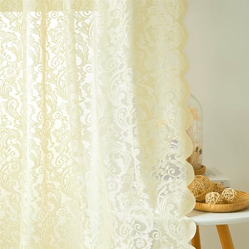 Bujasso Ivory Lace Sheer Curtains 108 inch Vintage Floral Sheer Window