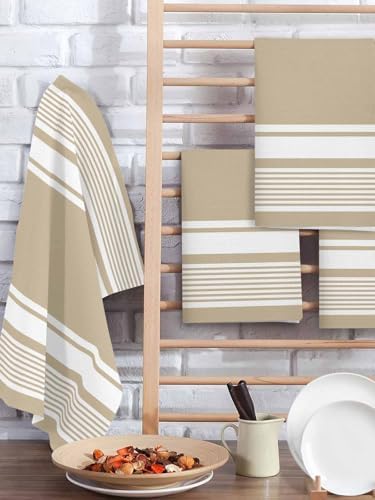 Farmhouse Beige Striped Waffle Kitchen Hand Towels Set of 3,Modern