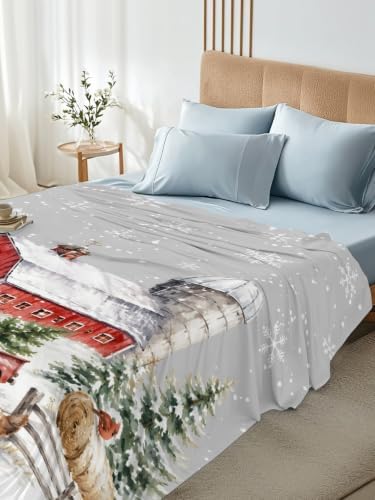 Cal King Size Flat Sheet Only, Farm Barn Christmas Tree on Gray Bed