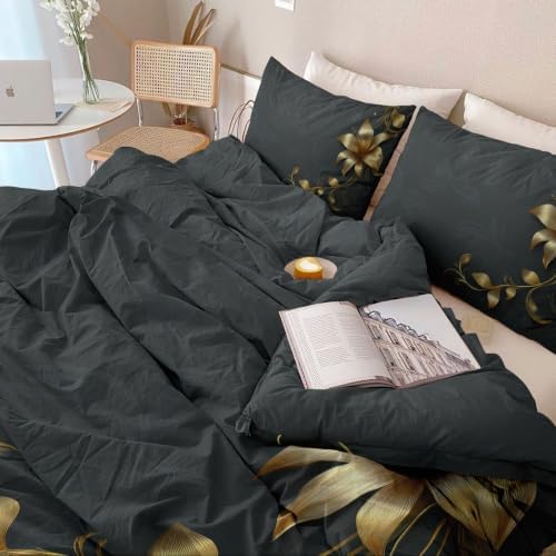 Dark Gray Duvet Cover King Size, Luxury Vines Leaves Florals Soft
