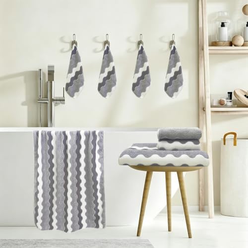 ABREEZE Wave Stripe Pattern Towel Set, Grey, 8pc