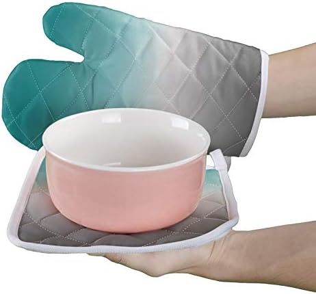 Quilted Cotton Terry Cloth Oven Mitt, Pot Holder Ombre Turquoise Grey