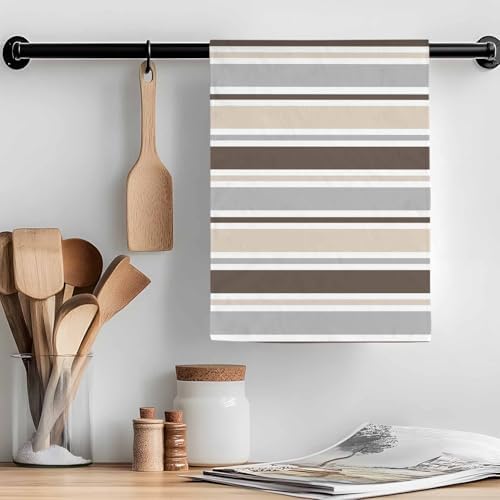 Brown Beige Gray Stripes Line Kitchen Towels 3 Pack,Microfiber Dish