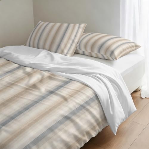 Brown Gray Striped Duvet Cover Set 3 Pieces with Zipper Closure