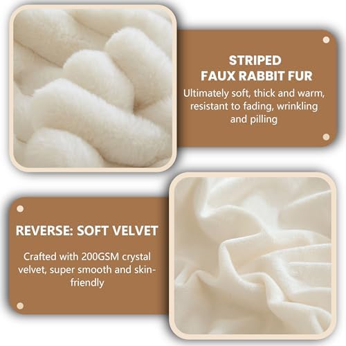 MEGO Fluffy Faux Rabbit Fur Ribbed Throw Blanket 50"x60", Beige