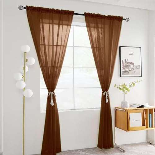 SpaceDresser Basic Rod Pocket Sheer Voile Window Curtain Panels Brown