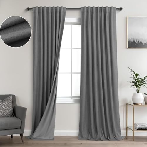 KOUFALL Charocal Dark Grey Linen Blackout Curtains for Bedroom Living
