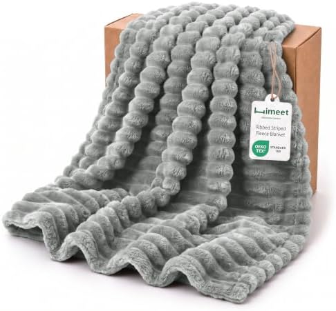 HIMEET Grey Queen Size Blanket for Bed, 300GSM Ribbed Fleece