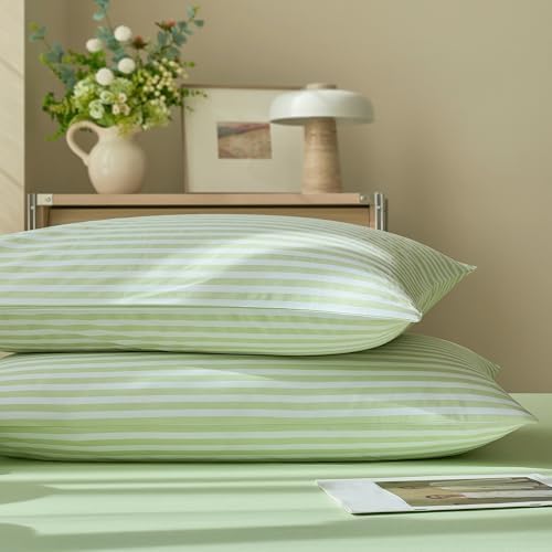 JELLYMONI Cotton Printed Striped Pillowcases Set of 2, Sage Green