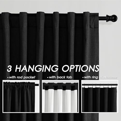 Black Linen Blackout Curtains 84 Inches for Bedroom Pinch Pleated