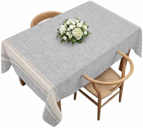 Woven Fabric Table Cloth, Rustic Vintage White Stripe Light Gray Linen