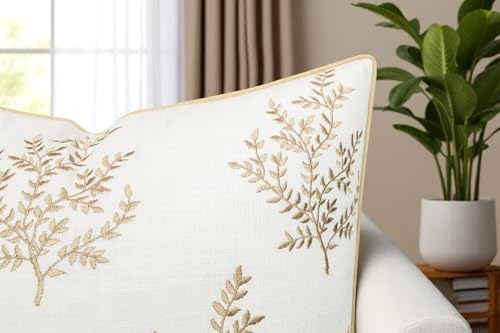 VAGMINE Embroidered Fern Leaf 18x18 Throw Pillow Cover, Ivory