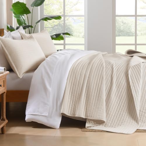 Andency 100% Cotton Queen Beige Quilt 3 Piece, Striped Quilted Bedding