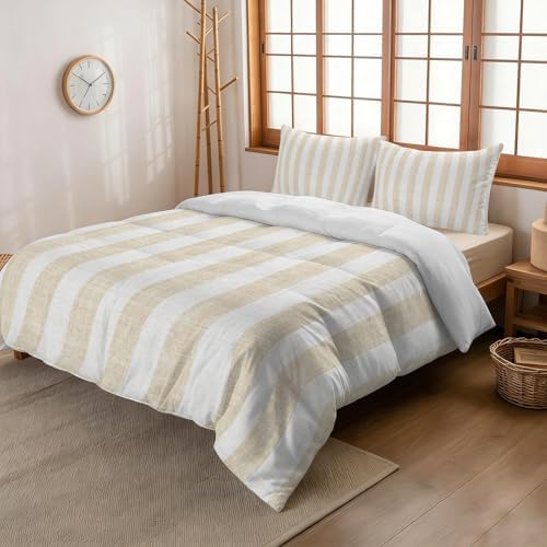 3 Pieces Bedding Set King Size, Beige Striped Soft Duvet Covers Set