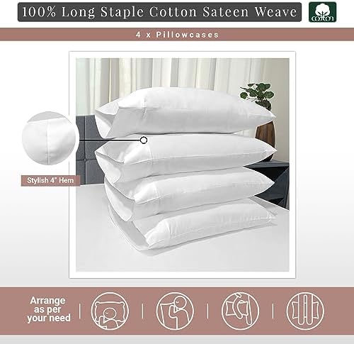 Pizuna 100% Cotton 4PC Queen Size Pillowcases 400 Thread Count White