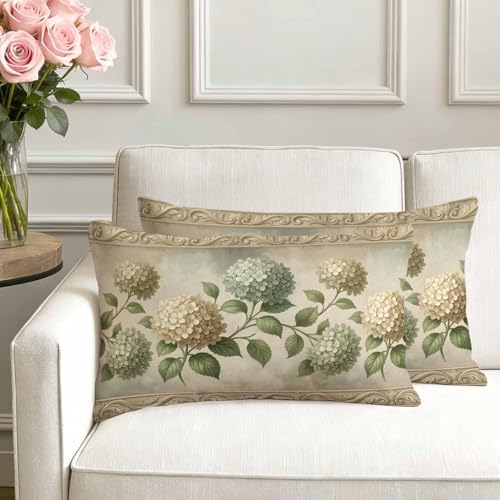 Cream Gold Hydrangeas Throw Pillow Covers 12x20IN Set of 2, Farm