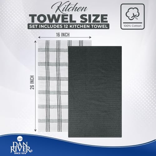 DAN RIVER Gray Kitchen Towels, 12 Pack, 16x26 Inches Absorbent Dish