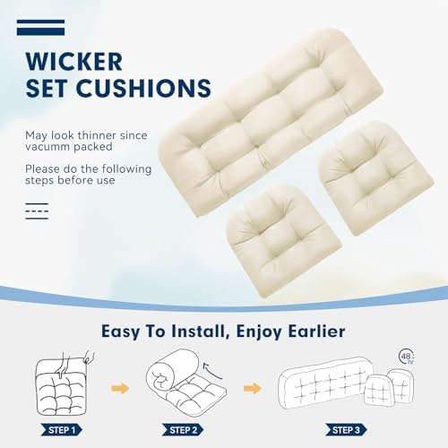 Wicker Chair Cushions 3 Piece Set, Outdoor Loveseat Wicker Cushions