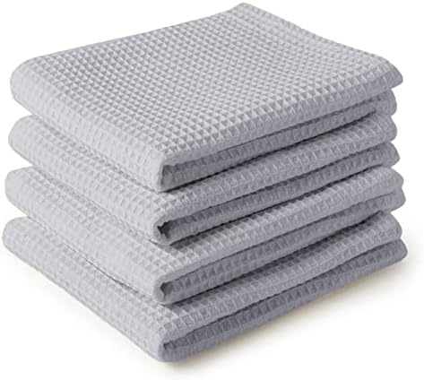 Encasa XO Cotton Waffle Kitchen Dish Towels Set of 4, Grey