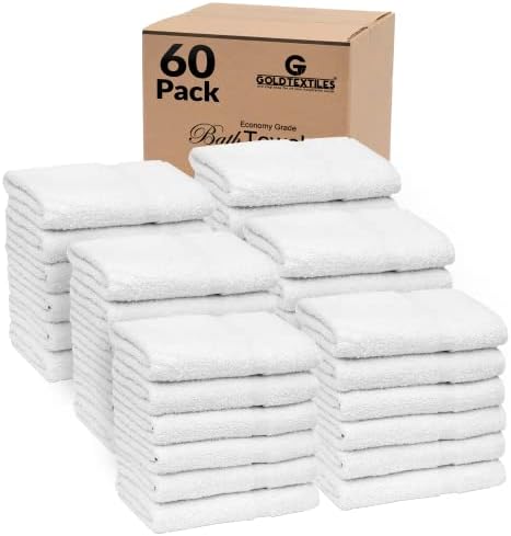 GOLD TEXTILES 60 PCS White Bath Towels Bulk (24x50 Inches) - Light