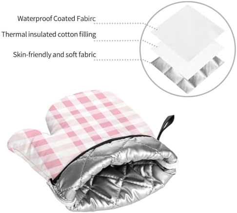 Oven Mitts Pink Gingham Aesthetic Heat Resistant Silicone Oven Mitts
