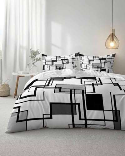 Duvet Cover Set Queen, Modern Abstract Square Stripes 3 Piece Bedding