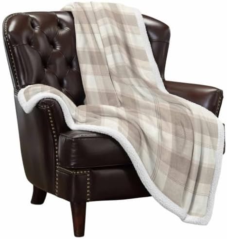 Beige Grid Sherpa Fleece Blanket Farmhouse Cream Buffalo Plaid Gingham