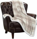 Beige Grid Sherpa Fleece Blanket Farmhouse Cream Buffalo Plaid Gingham