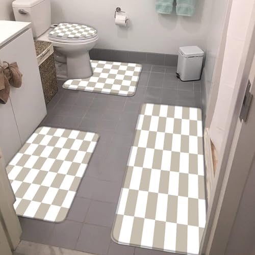 4pcs Checkered Bath Mat Set,Tan White Boho Cute Retro 60s 76s Abstract