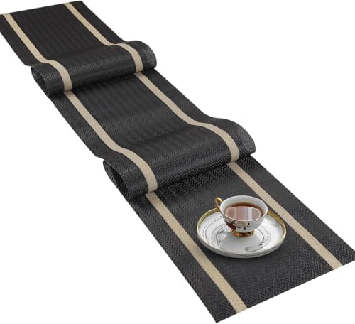 FAVE Woven Vinyl Table Runner 120x12 Inch Black with Gold Threads