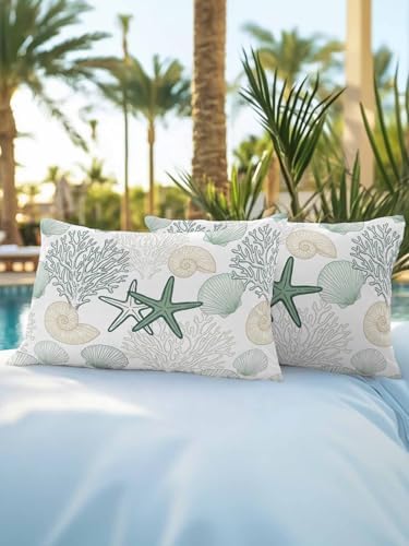 Outdoor Pillows Waterproof, Green Coastal Bedding Throw Pillows with