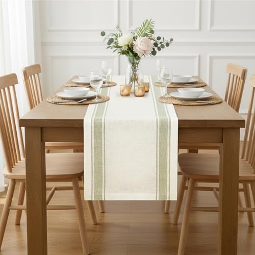 Solino Home 100% Pure Linen Table Runner Cream, Country Stripe 14 x