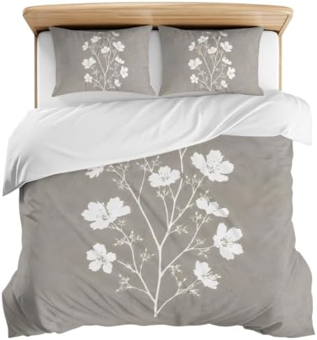 3 Pieces Bedding Set Queen Size, Gray Floral Blossom Soft Duvet Covers