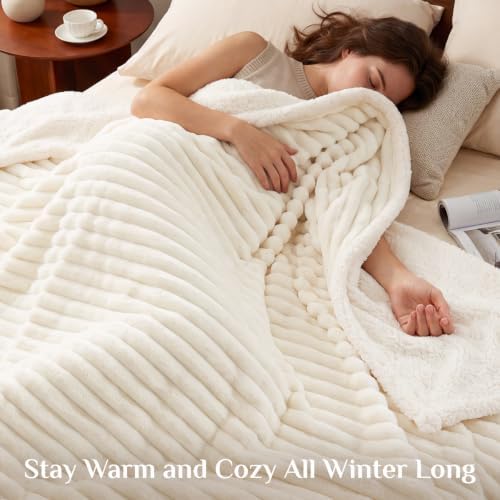 BEDELITE Soft Sherpa King Blanket for Couch, Fluffy Gift, Cream
