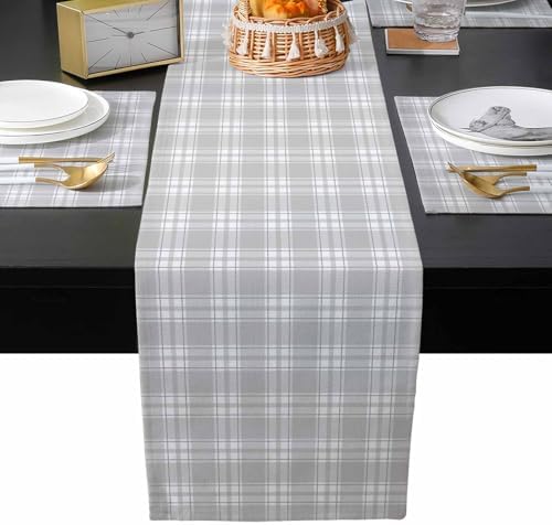 Plaid Table Runner and Placemats Set of 4 Gray and White Pastoral