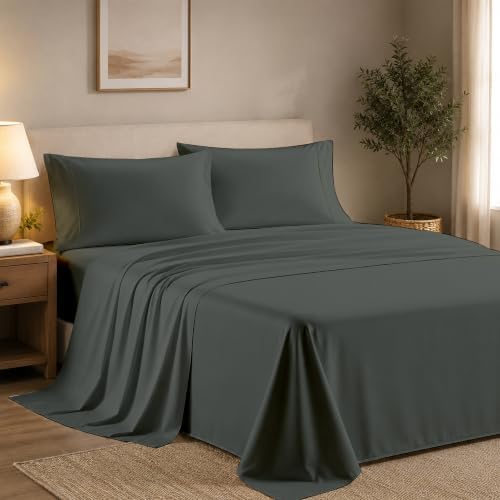 King Size Sheets Set, 400 Thread Count, Sateen, Dark Grey