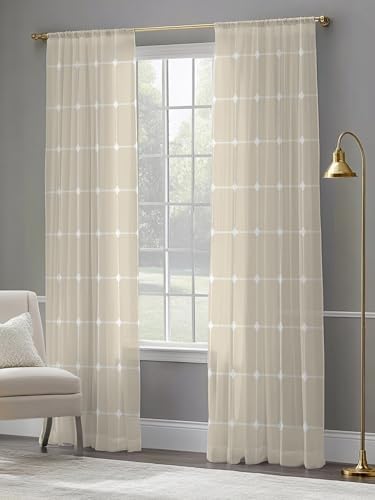 Ivory Grid Semi Sheer Curtains 108 inches Long Window Treatments