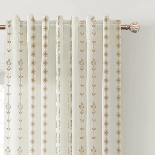 Dark Brown and Cream Beige Sheer Linen Curtains 96 Inches Long,Boho