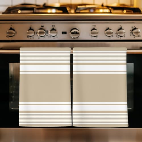 Farmhouse Beige Striped Kitchen Towels Set of 3, Absorbent Dish Towels