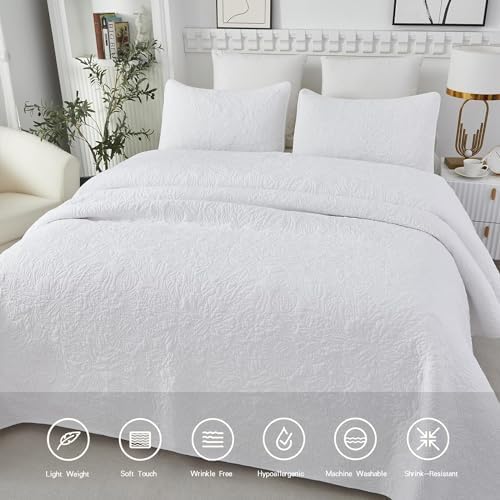 Brandream White Botanical Cotton Quilt Set King Floral Stitched Quilts