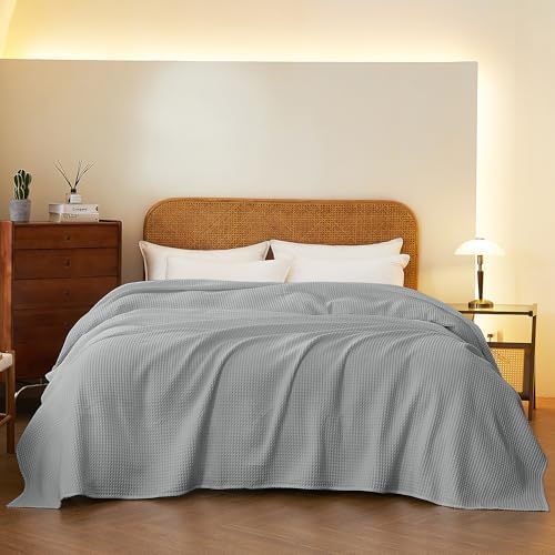 100% Cotton Waffle Blanket for Bed King Size, Light Grey