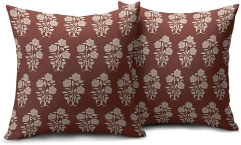 Rust Red Floral Pillow Covers 18x18 Set of 2 Block Print Cream Vintage