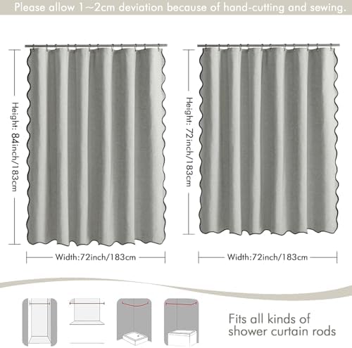 MIULEE Light Grey Scalloped Linen Shower Curtain 72x72 Inches