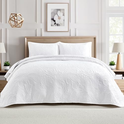 BOURINA Ultrasonic White Queen Quilt Set 3-Piece Soft Bedding Set