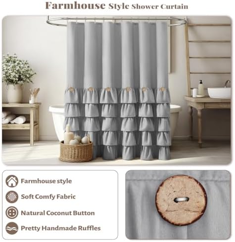 BTTN Grey Ruffle Farmhouse Shabby Chic Fabric Shower Curtain, 72x72