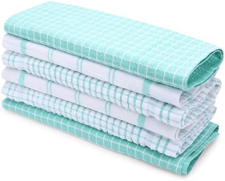 HOMEFRONT Aqua Green & White Kitchen Towels Set of 6, Cotton Blend