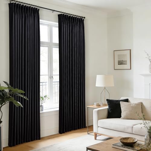 Pinch Pleated Black Blackout Velvet Curtains 84 inch Length 2 Panel