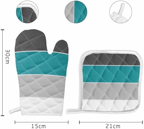 Oven Mitts and Pot Holder Set for Kitchen, Dark Cyan Gray White Simple